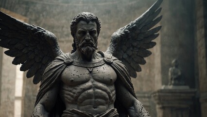 Fototapeta premium A statue of Atophes, god of the grey wings, covered in dust and memories, wings heavy with silence