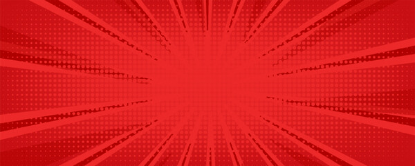 Red comic sunburst effect background with halftone. pop art comic-style vector background. Suitable for templates, sale banners, events, ads, web and pages