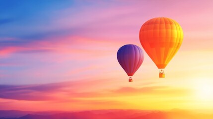 Fototapeta premium Two vibrant hot air balloons soaring above a picturesque sunset landscape with colorful skies
