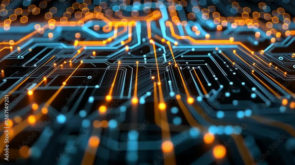 Poster exploring glowing blue circuit board design of intricate patterns and connections in electronic tech