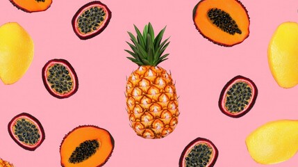 Tropical fruit pattern on a pastel pink background