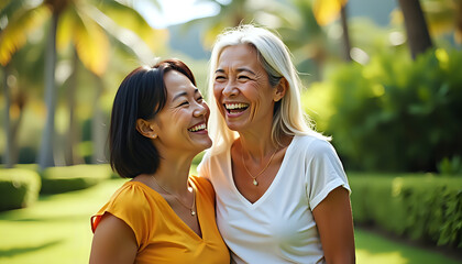 Fototapeta premium Two Women Sharing Joyful Moments in Nature