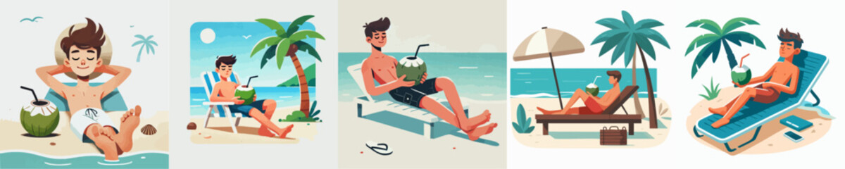vector set of young men relaxing on the beach