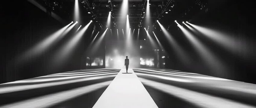 Silhouetted figure walking alone on illuminated runway with dramatic theater lights, deep contrast, slow dolly-in camera movement