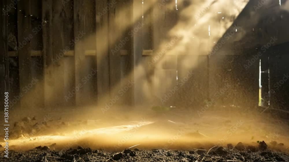 Poster sunlight filters through wooden beams, illuminating dust particles in rustic setting, creating seren