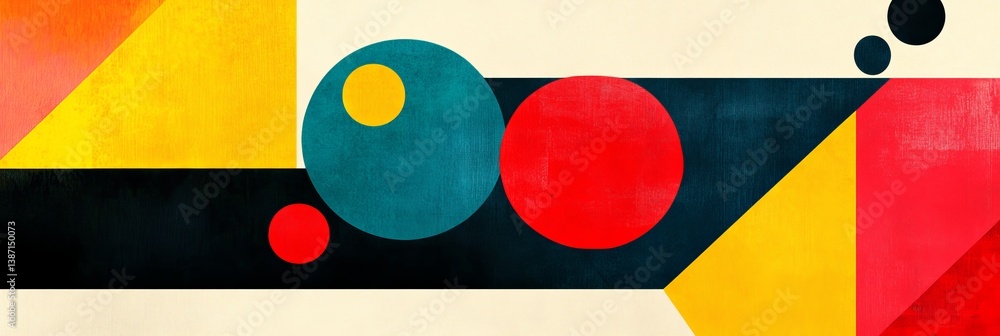 Poster abstract painting with geometric shapes including circles triangles and rectangles.