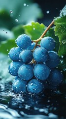 Close-up of Blue Grapes in Water with Splashes, Dark Tone, Food Photography, Fresh Produce, Refreshing, Healthy Eating, Raining
