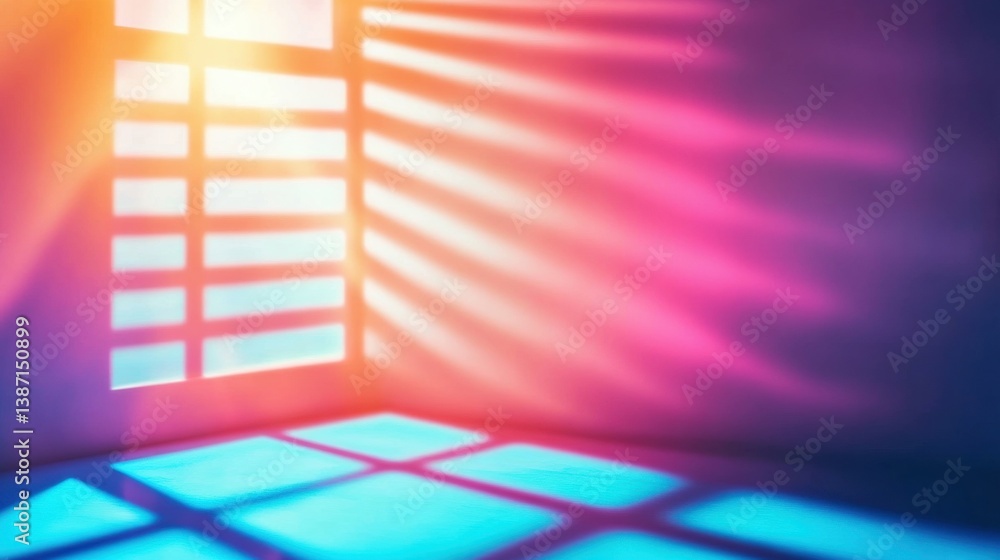 Poster sunlight streams through window blinds, casting vibrant color patterns on the wall and floor of a co