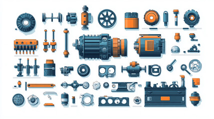 Illustration of various machine parts engine components and mechanical elements for engineering design use