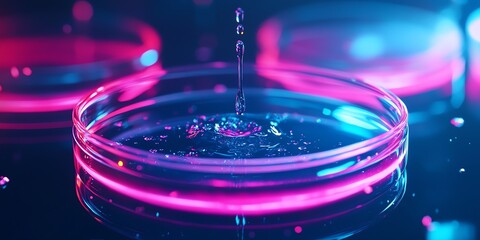 Close-up of a petri dish with vibrant pink and blue liquid, showcasing a drop falling into it.  Science, research, and technology concept.