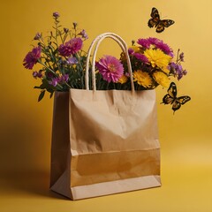 Paper bag with fresh flowers and butterflies flying against vibrant yellow background.  Creative spring bloom concept. 