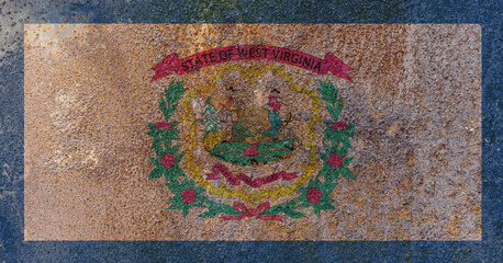 West Virginia State Flag. Dirty West Virginia state flag on rusty metal surface.