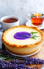 lavender cheesecake on shortcrust pastry with purple jelly in rustic style with tea in a glass cup