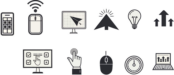 Collection of digital icons representing technology and user interaction.