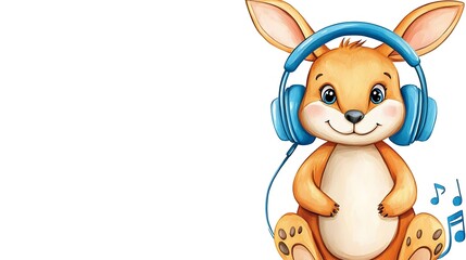 Obraz premium Cute Cartoon Bunny Wearing Headphones with Music Notes Background