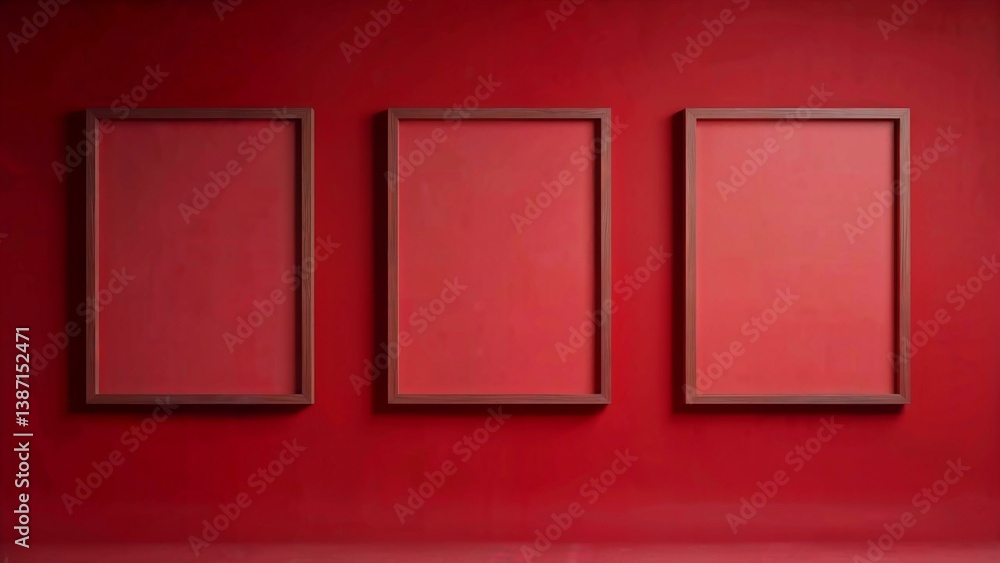 Poster minimalist art wall with three empty frames on deep red background