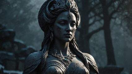 A statue of Isetha, goddess of time-stillness, where nothing stirs and every second freezes eternally