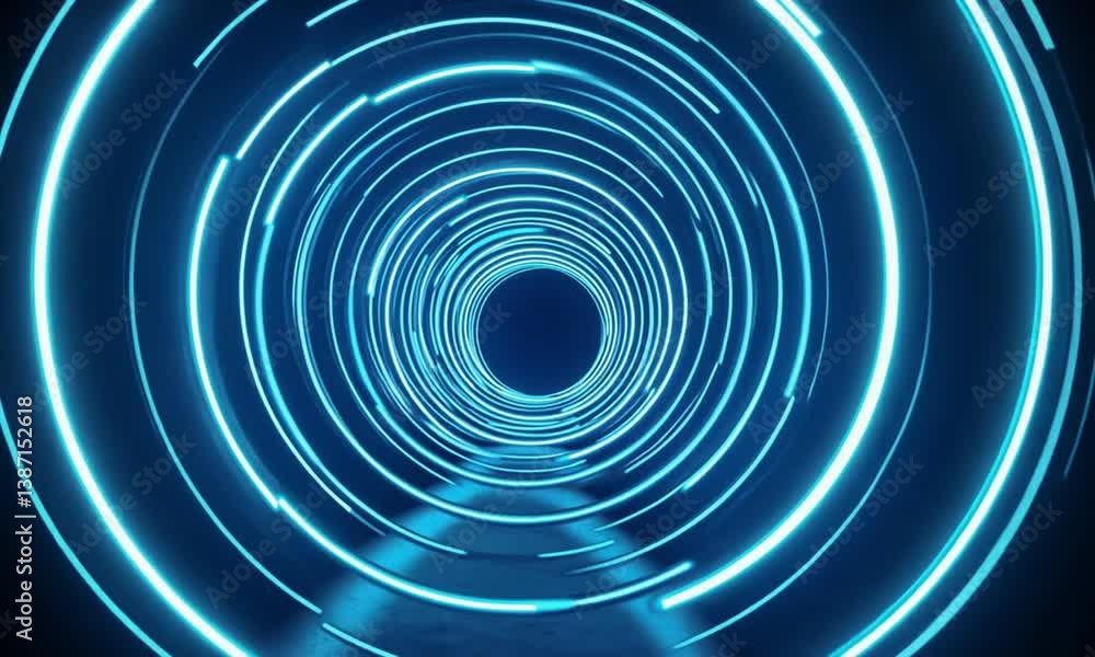 Poster abstract video of glowing blue light rays in concentric rings creating hypnotic seamless loops made 