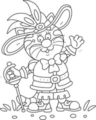 Puss in boots with a beautiful feather hat and a sharp saber, friendly smiling and waving in greeting, black and white outline vector cartoon illustration for a coloring book