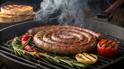 Deliciously sizzling boerewors coil cooking on a barbecue, filling the air with mouthwatering aromas