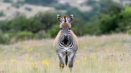 Obraz premium A zebra stands in a field of wildflowers. Its black and white stripes are prominent. The background is softly blurred, showing trees and rolling hills. The photo is high-quality with natural lighting