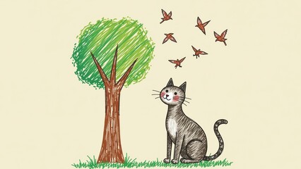 Childrens delightful pencil drawing of a cat and birds in a sunny park
