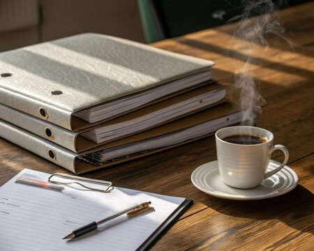 cup of coffee and notebook and files on the table, - Powered by Adobe
