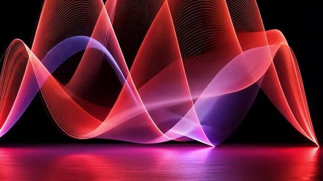 Colorful light waves create mesmerizing visual display of vibrant red and blue hues, flowing gracefully against dark background, evoking sense of rhythm and movement.