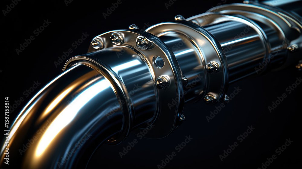 Poster industrial pipe and joint: a close-up view of a metallic pipe and joint, its gleaming surface and pr