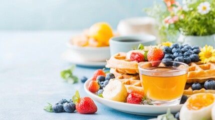 A colorful breakfast spread showcases waffles garnished with strawberries, blueberries, and bananas next to maple syrup.