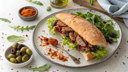 Savoring the flavors of a delicious bifana served on a rustic platter with fresh greens