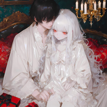 ベッドでイチャイチャするカップル。アルビノの少女と碧眼の青年のバレンタインデー。油絵風のAIイラスト