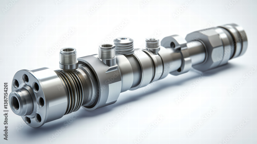 Poster mechanical precision: a detailed shot of a gleaming camshaft, its intricate design and metallic text