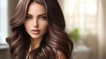 Fototapeta premium Elegant Brunette, Captivating Beauty with Voluminous Waves and Intense Gaze