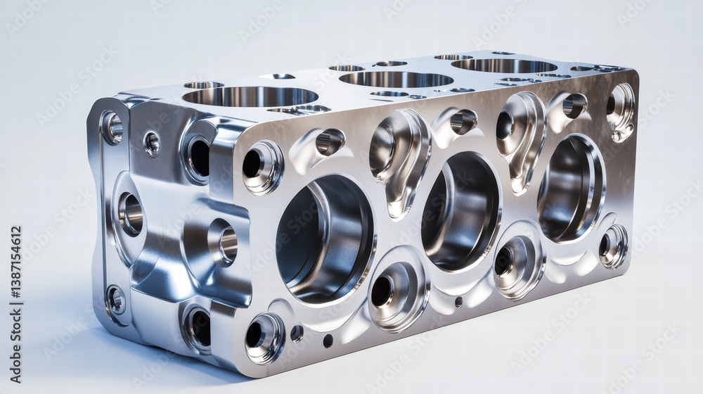 Poster engine block precision: a detailed photograph of an aluminum engine block showcasing its intricate d