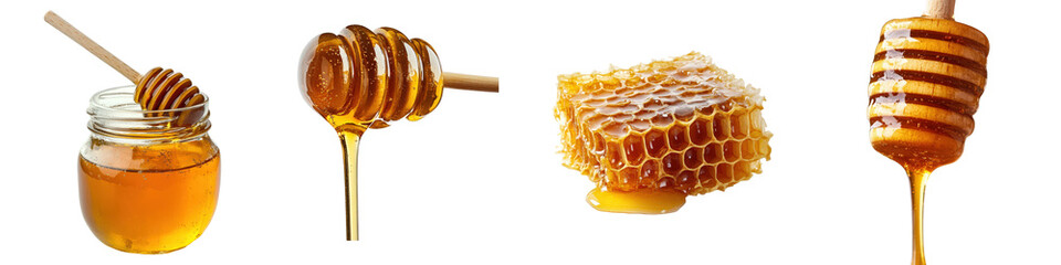 Golden honey, honeycomb, honey dipper and jar.