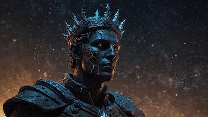 A statue of Brotheres, the star-breaker, crowned with shattered stars glowing with apocalyptic light