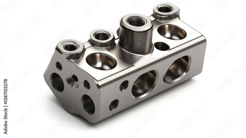 Poster mechanical component: a close-up studio shot of a precision-engineered metallic component showcases 