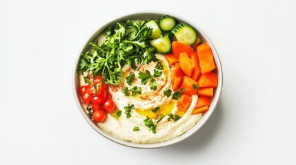 A bowl of creamy hummus served with pita bread and fresh vegetables. Featuring comfort and flavor