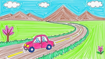 Children embark on a vibrant road trip adventure with playful drawings