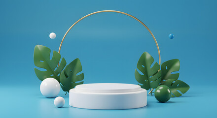 Presenting Round White Product Display Platform with Green Leaves and Spheres