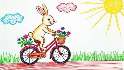 Joyful rabbit riding a bicycle through a vibrant spring landscape