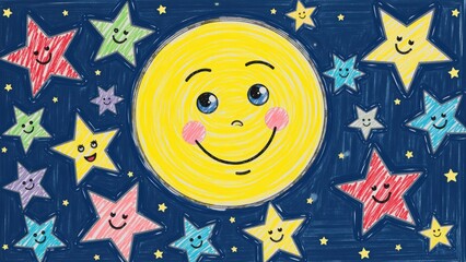Kids art: a happy sun with cheerful stars in the night sky