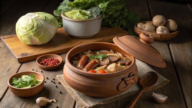 Rustic bigus served in a traditional clay pot amidst fresh vegetables and herbs