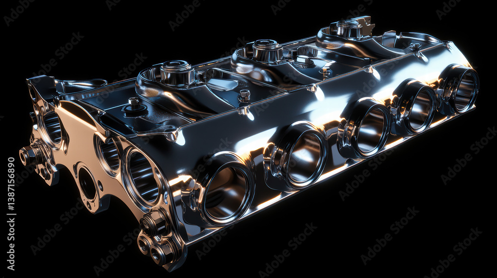 Poster gleaming engine block: a meticulously detailed chrome engine block, gleaming under studio lights aga