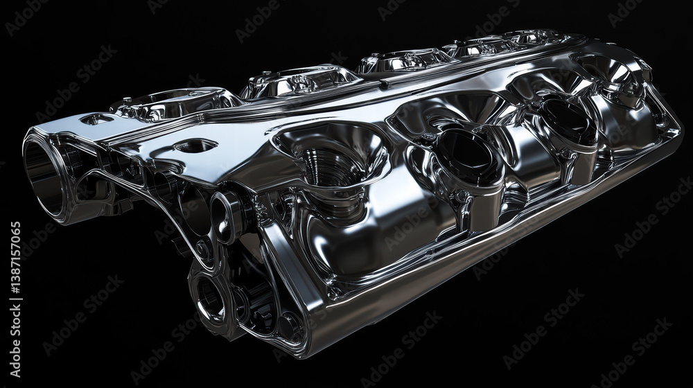 Poster engine block detail: a detailed close-up view of a shiny, chrome-plated engine block, showcasing its