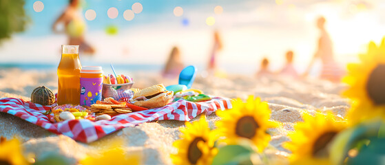 Naklejka premium Colorful Picnic Spread on Sandy Beach with Sunflowers and Bright Sun