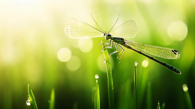 Delicate damselfly perched on blades of grass with shimmering dew drops in a lush, vibrant green field during early morning sunlight