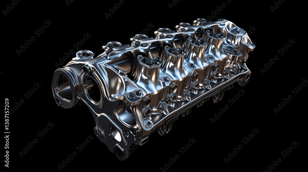 Poster metallic engine block: a close-up, isolated studio shot showcases a gleaming metallic engine block, 
