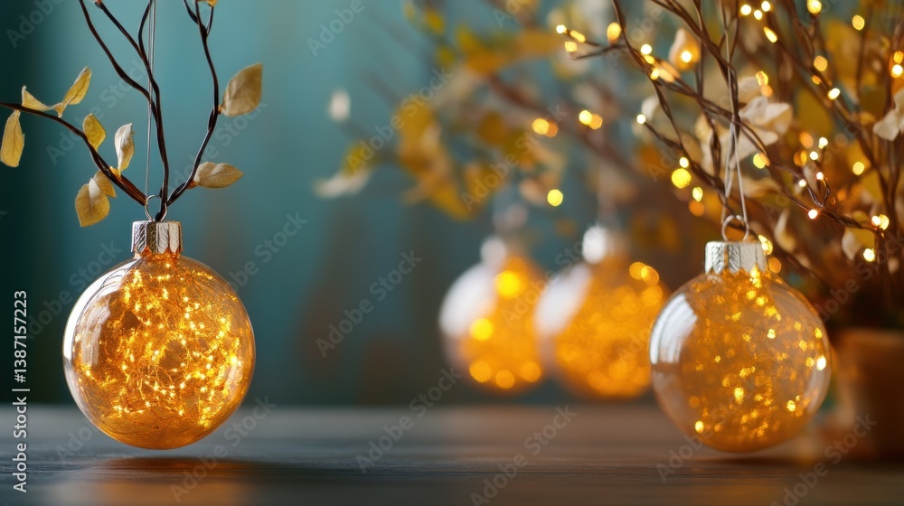 Poster decorative ornaments filled with glowing lights and surrounded by branches create a warm, inviting a